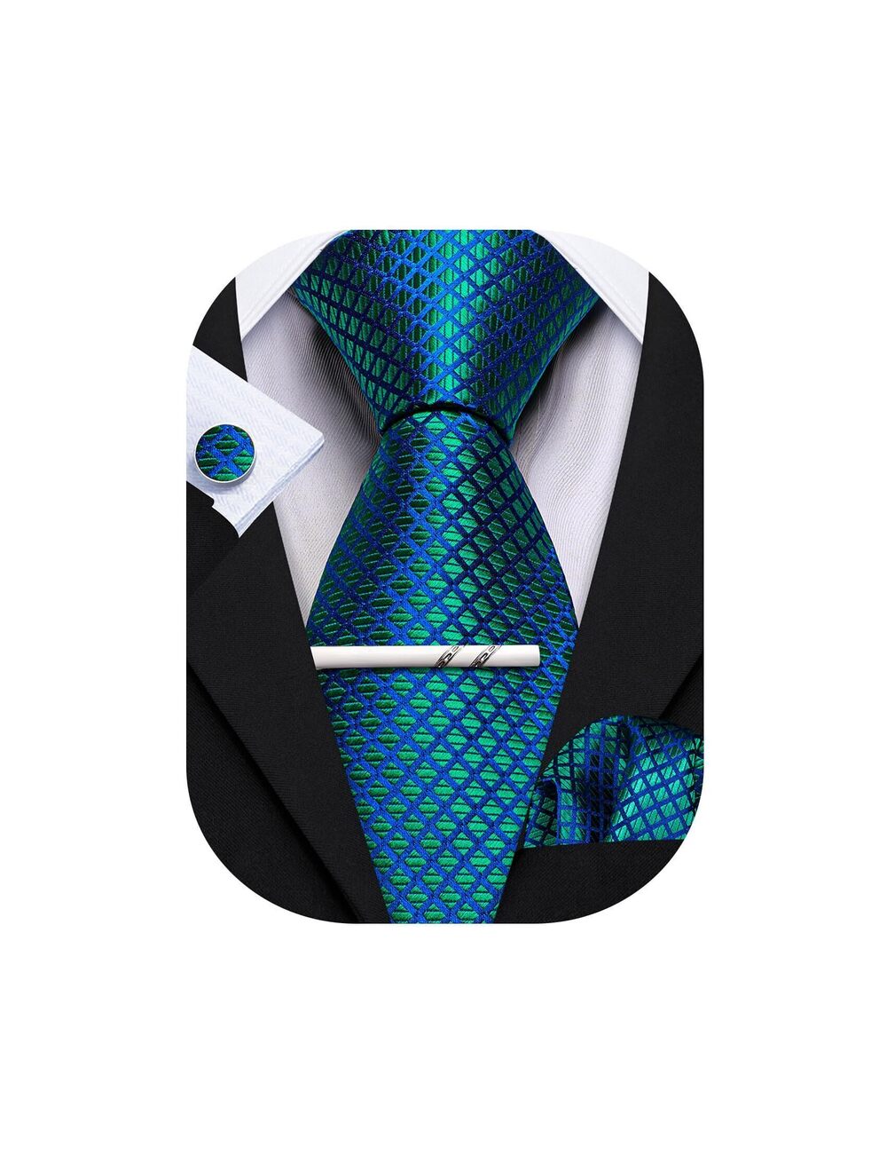 2919 Teal Tie with Tie Clip Plaid Silk Necktie Handkerchief Cufflink Set